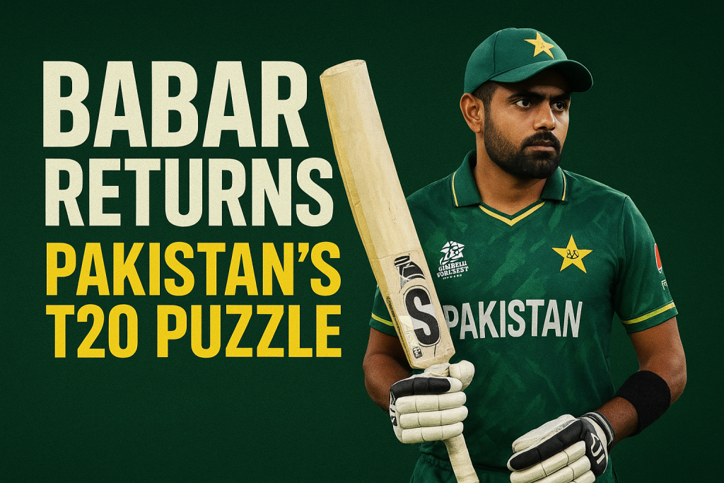 Babar Azam’s Return: Opportunity, Intrigue and the T20 Puzzle Babar Azam returning to Pakistan’s T20 squad ahead of the South Africa series, symbolizing his comeback and new challenge in modern cricket.