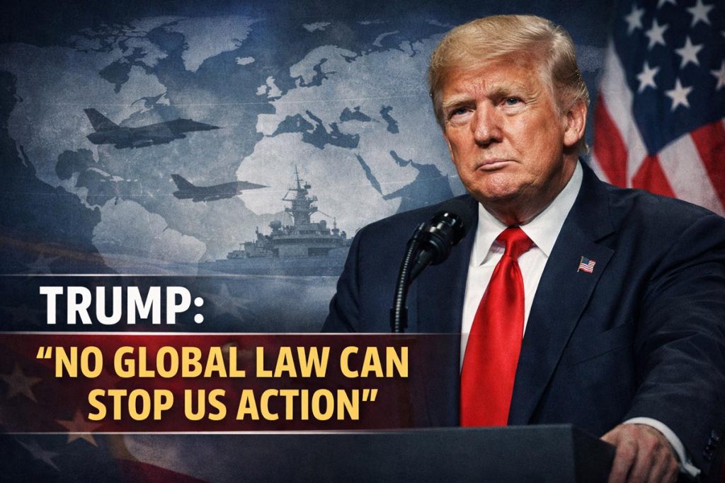 Donald Trump speaking on US military action and global authority amid international law debate